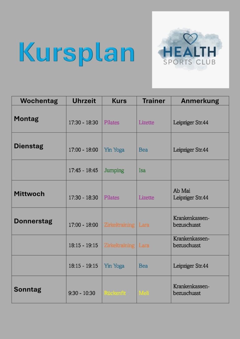 Wöchentliche Kursübersicht mit Zeiten und Verfügbarkeiten.