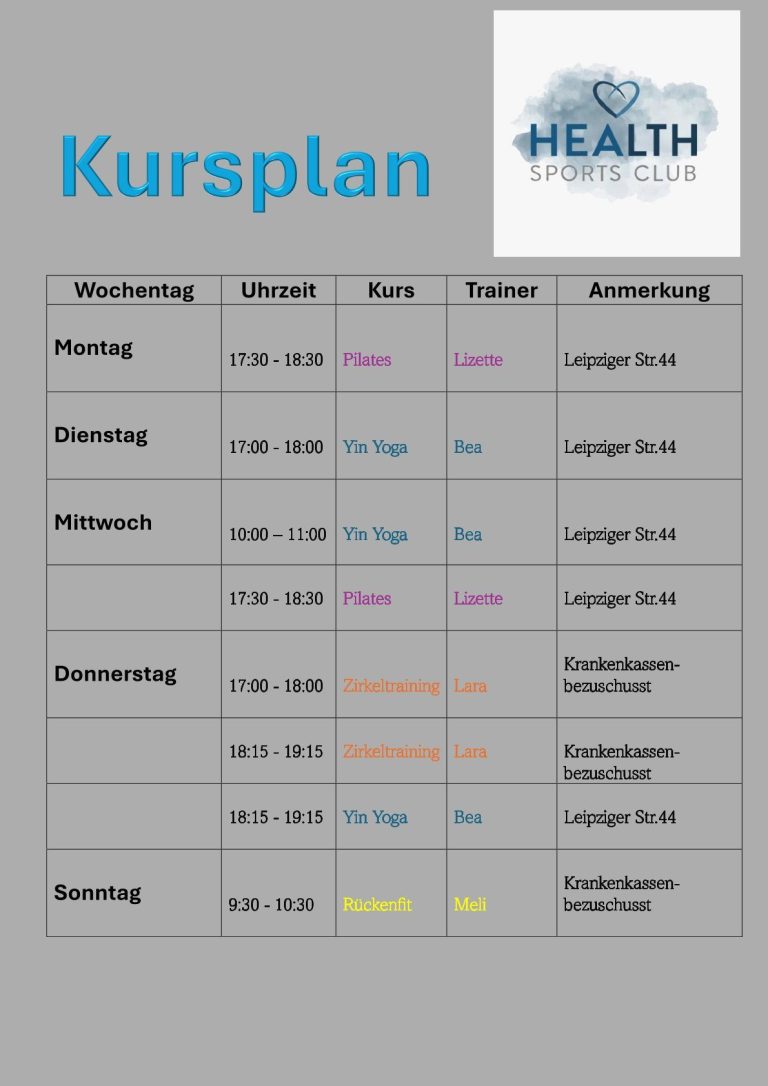 Wöchentliche Kursübersicht mit Zeiten und Verfügbarkeiten.